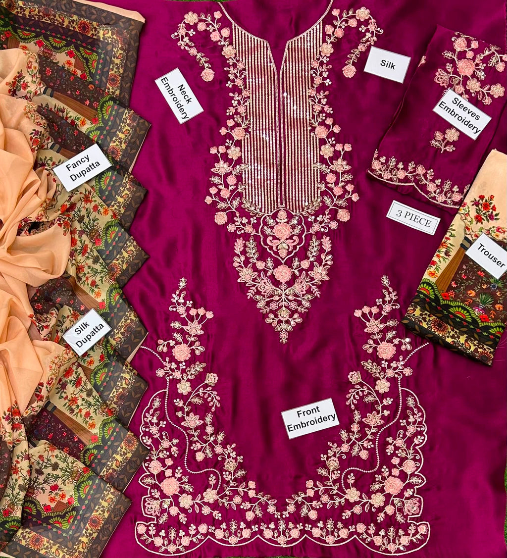 Ethnic Silk Collection 2026 – 3PC Embroidered Unstitched Silk Suit