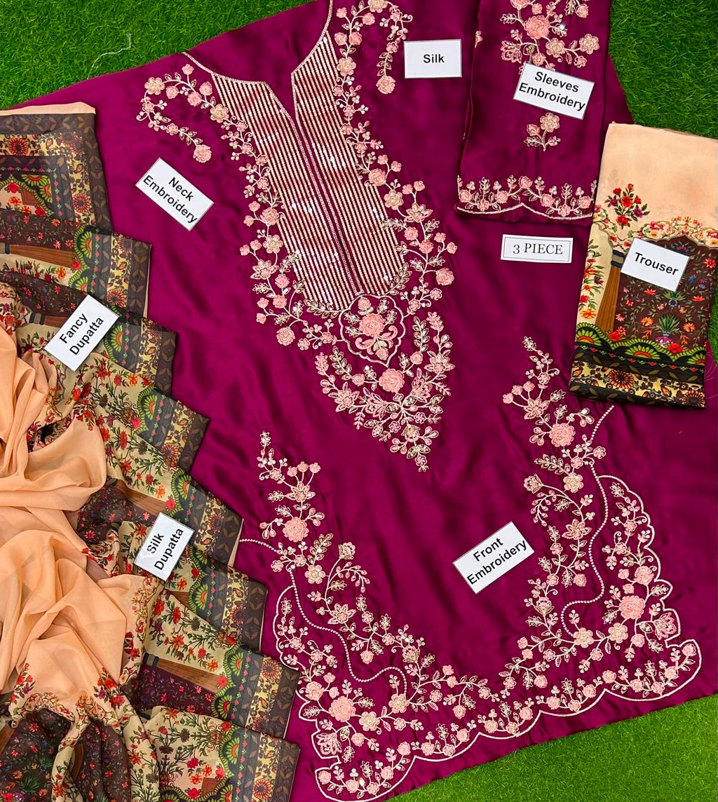 Ethnic Silk Collection 2026 – 3PC Embroidered Unstitched Silk Suit