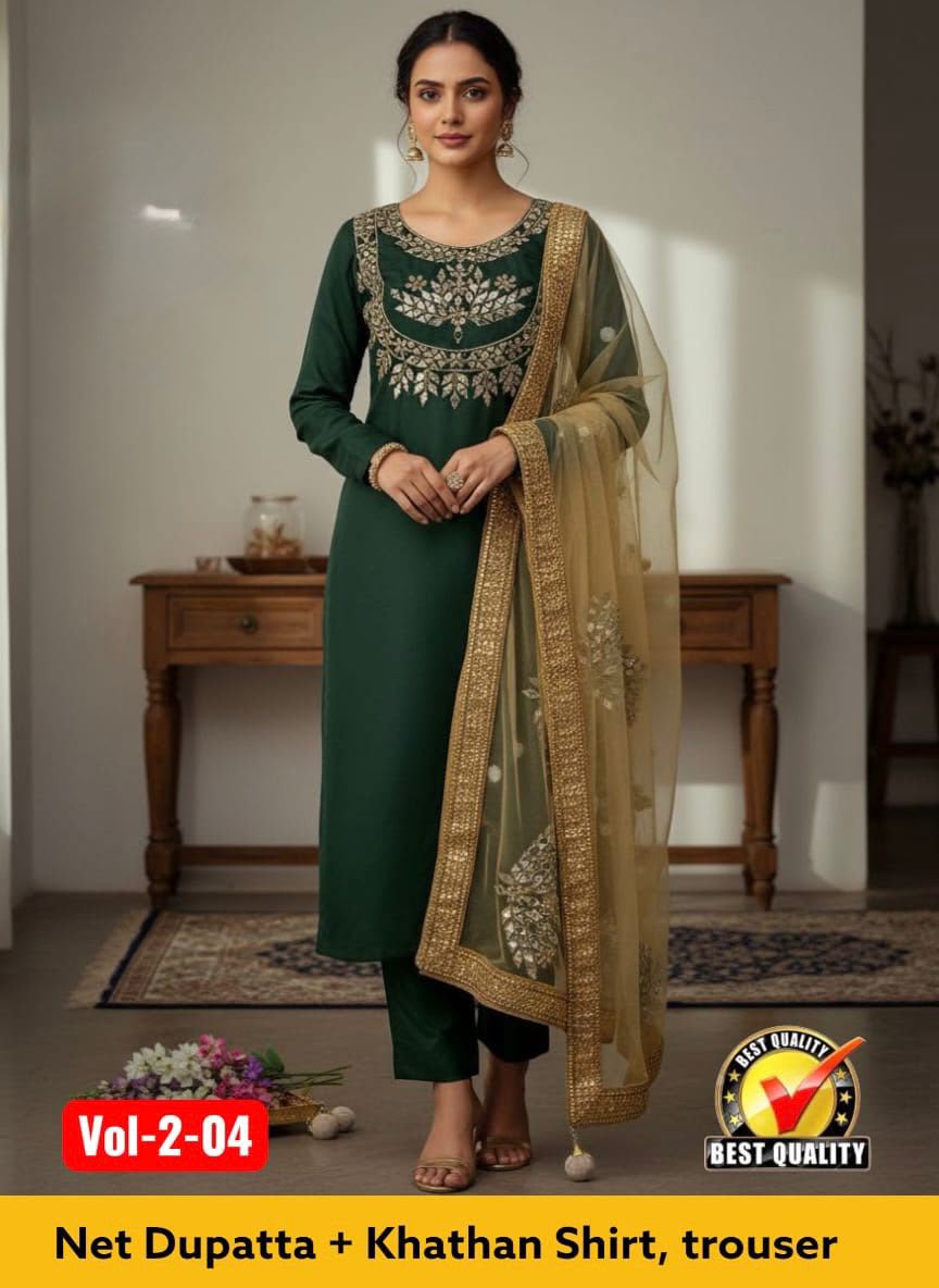 Heavy Mirror Work Katan Silk 3 Piece Unstitched Suit
