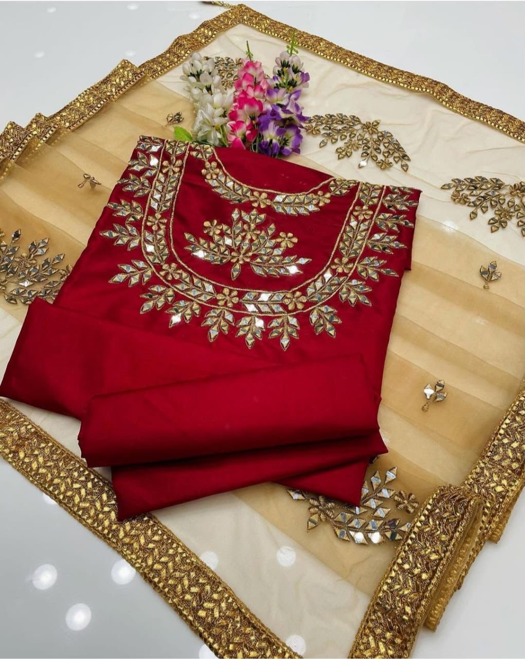 Heavy Mirror Work Katan Silk 3 Piece Unstitched Suit
