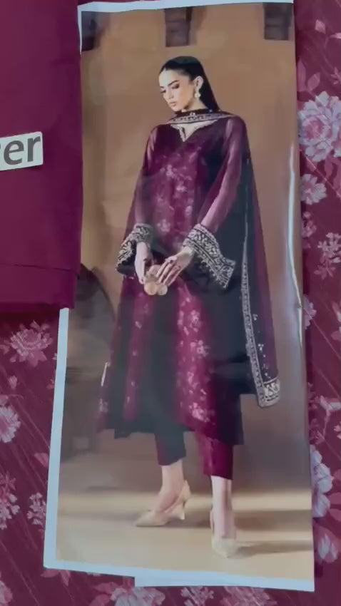 BAROQUE Luxury Chiffon Printed & Embroidered 3 Piece Suit – Black & Maroon