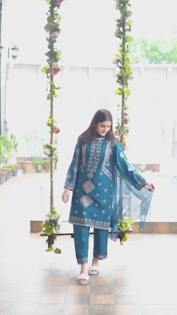 Women's Ready to Wear Bareeza Cotton 3 Piece Suit with Sequence Embroidery & Chiffon Dupatta