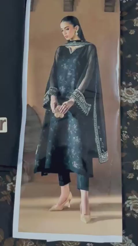 BAROQUE Luxury Chiffon Printed & Embroidered 3 Piece Suit – Black & Maroon